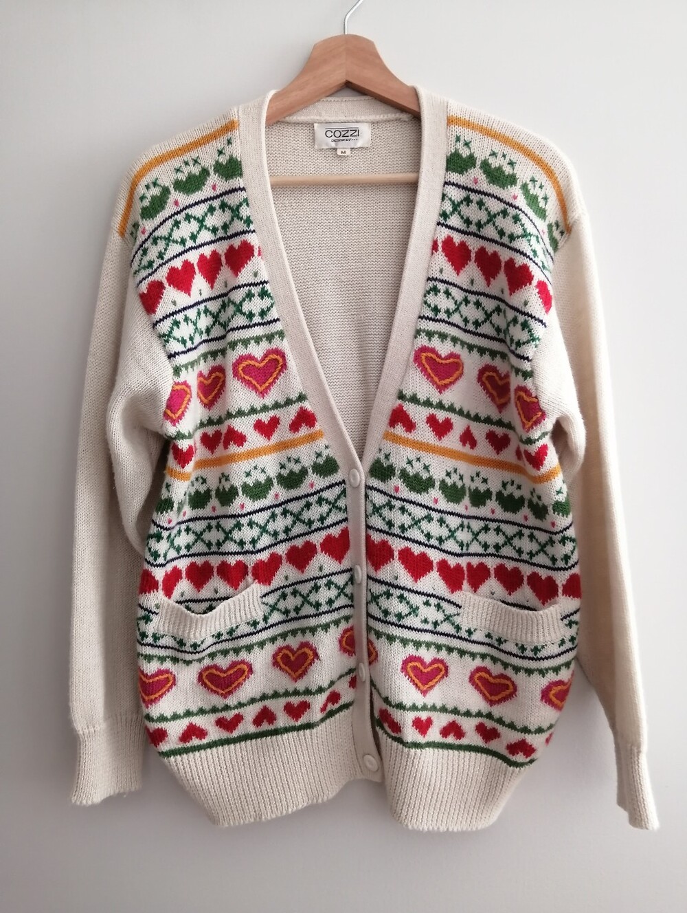 Vintage Wool Blend Cream Knit Button Cardigan with Embroidered Hearts Medium
